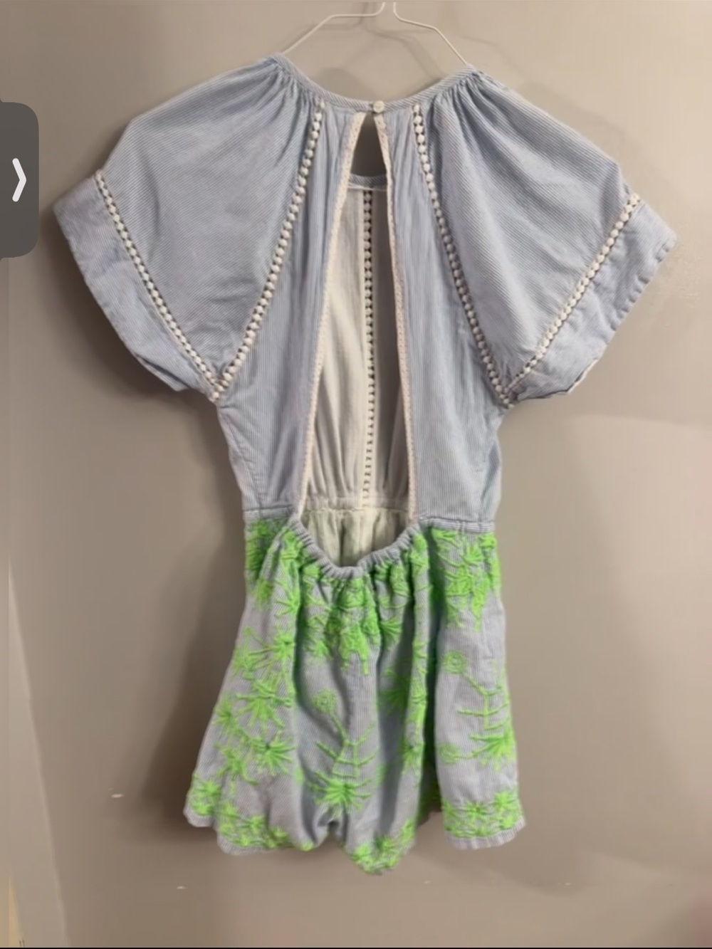 Blue White Striped Embroidered Open Back Romper XS Green Floral Cotton - Picture 2 of 5